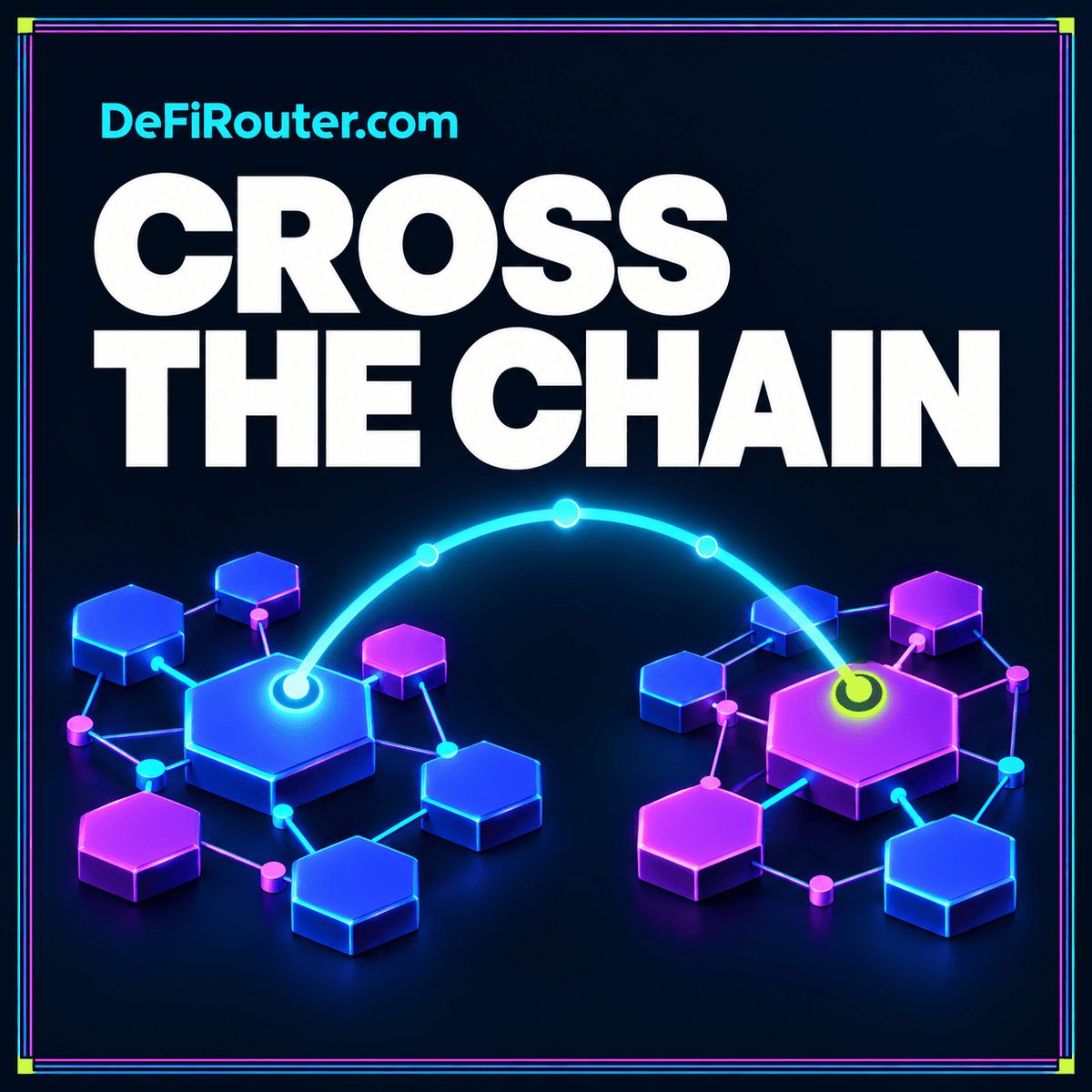 Cross-Chain Swap vs. Bridge: Understand the Full Journey — neon typography card with a multicolor pinstripe border and DeFiRouter.com branding