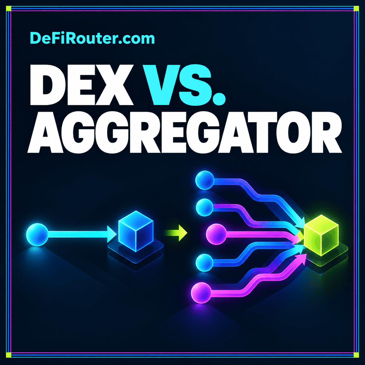 DEX Aggregator vs. DEX: How the Swap Experience Differs — neon typography card with a multicolor pinstripe border and DeFiRouter.com branding