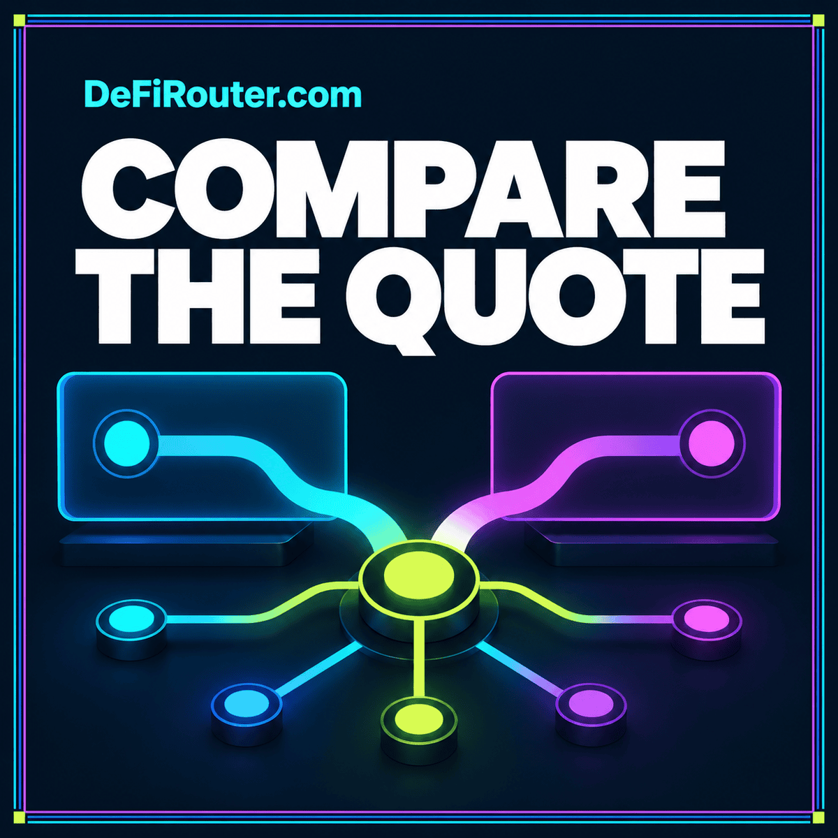 How to Compare DEX Swap Quotes Beyond the Headline Rate — neon typography card with a multicolor pinstripe border and DeFiRouter.com branding