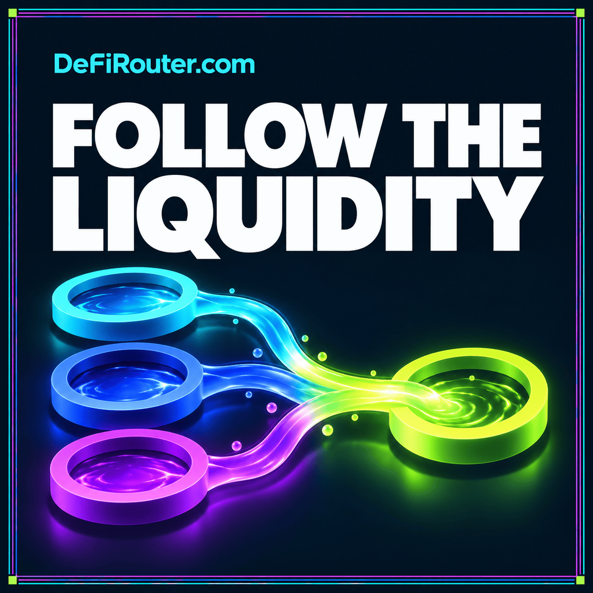 Liquidity Pools and Smart Order Routing, Explained — neon typography card with a multicolor pinstripe border and DeFiRouter.com branding