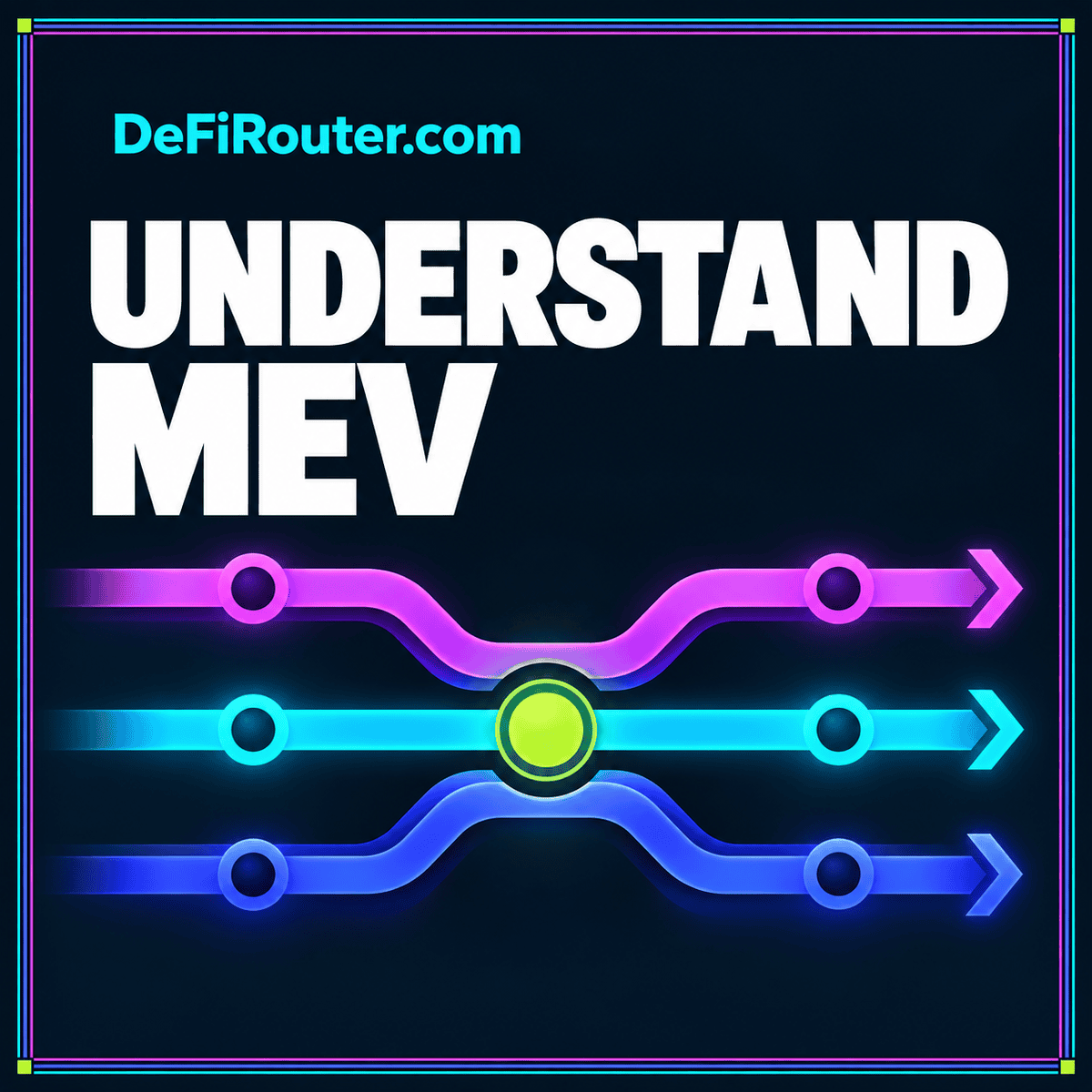 MEV and Sandwich Attacks: What Swap Users Should Know — neon typography card with a multicolor pinstripe border and DeFiRouter.com branding