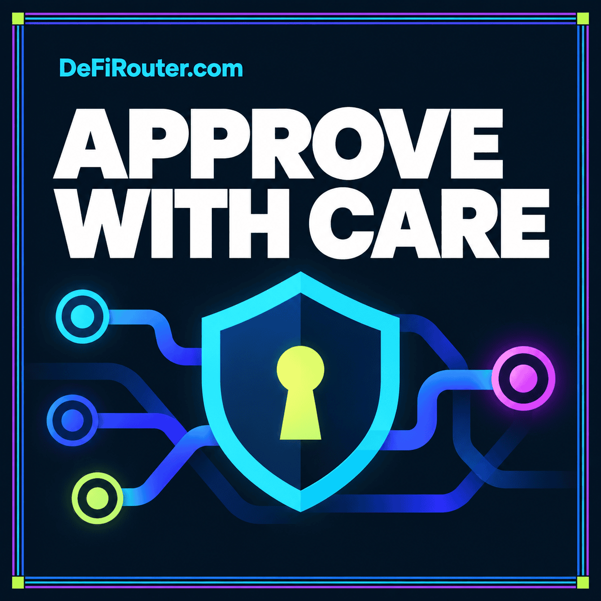 Token Approvals and Wallet Safety Before a DeFi Swap — neon typography card with a multicolor pinstripe border and DeFiRouter.com branding